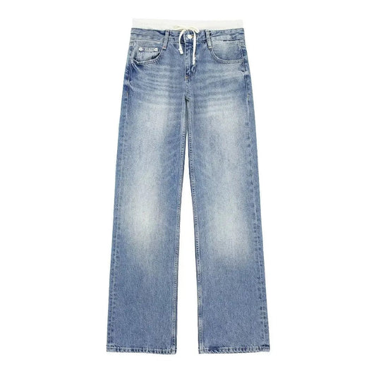 Jeans Feminino Vintage Casuais de Cintura Média e Modelagem Baggy com Cordão | Ideais para Todas as Estações